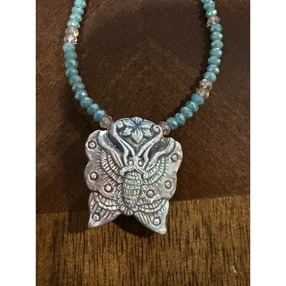 Handmade Aqua Micro Crystal Beaded Ceramic Butterfly Pendant Necklace~21"-25"